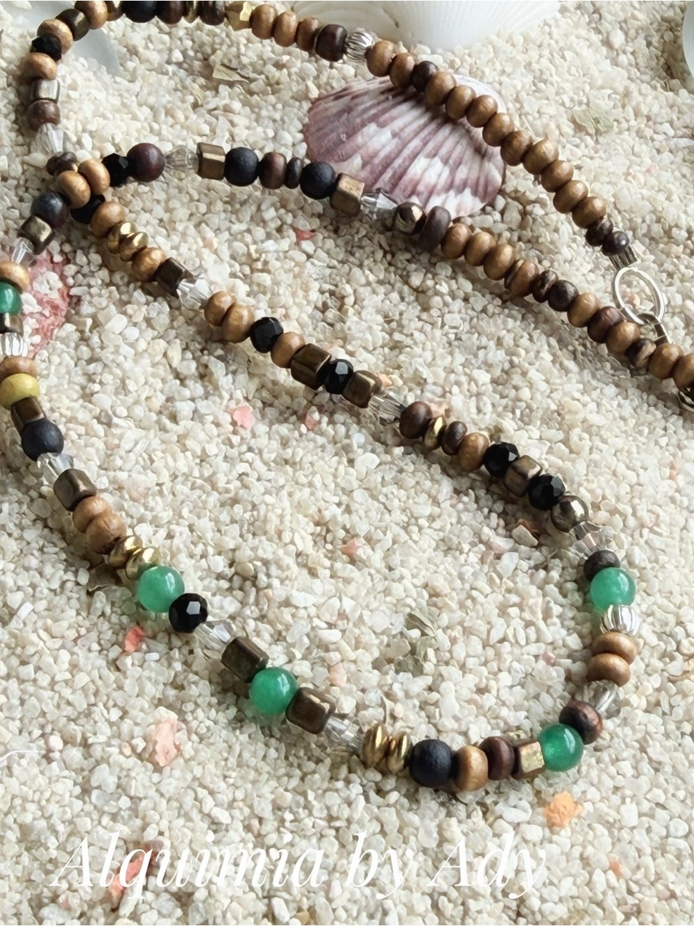 BOHO short beluga onyx necklace with wood and untreated emerald